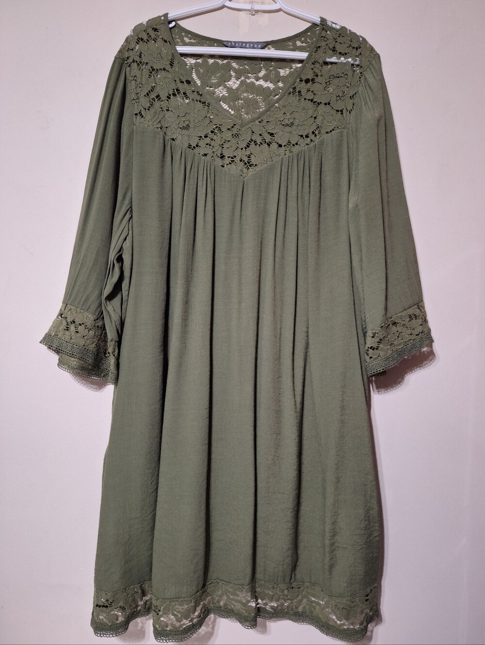 Sharagano Olive Green Floral Lace Yoke Flowy Boho Tunic Dress Plus Size 3X - Picture 2 of 9